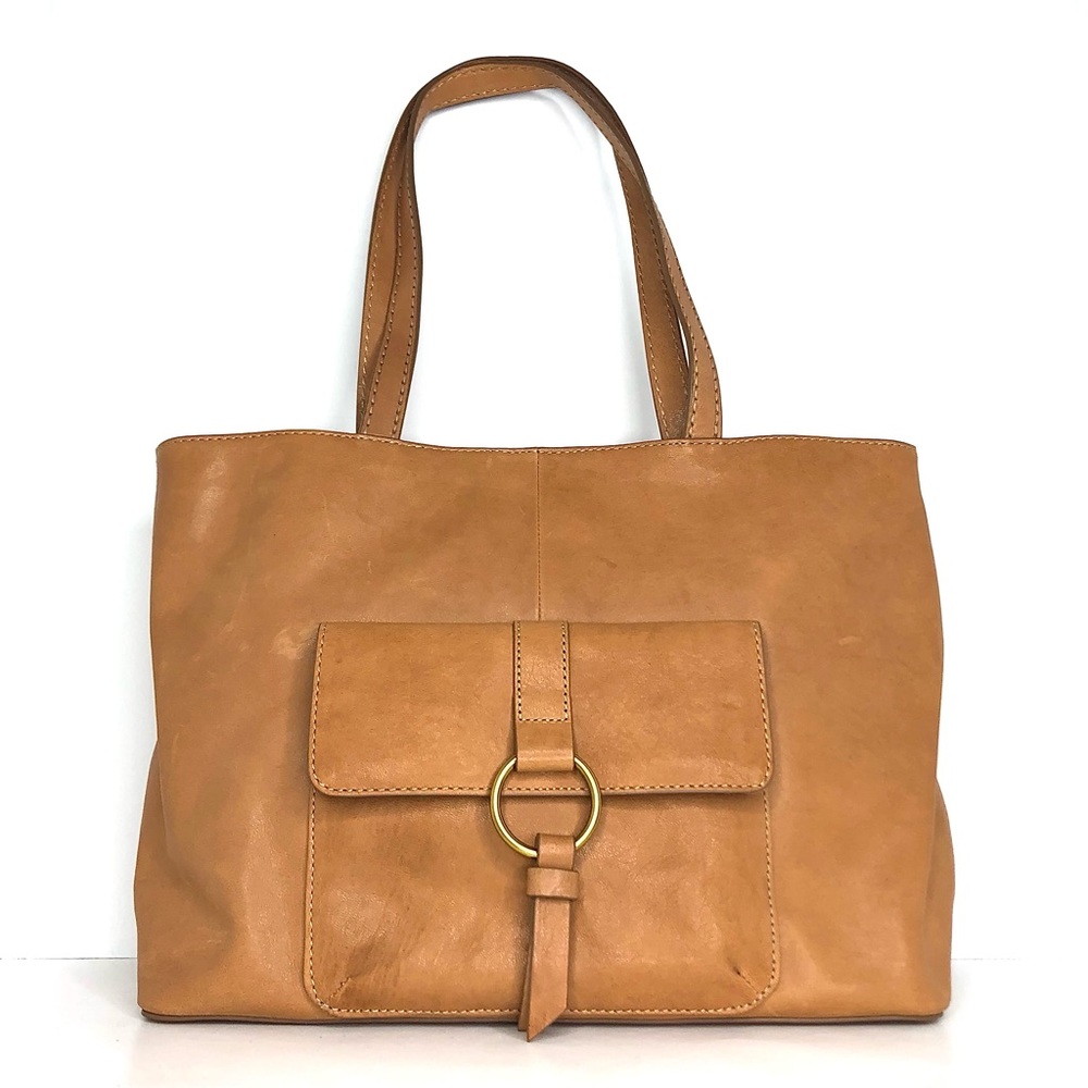 Frye Tan Leather Tote with Front Pocket and Ring Detail